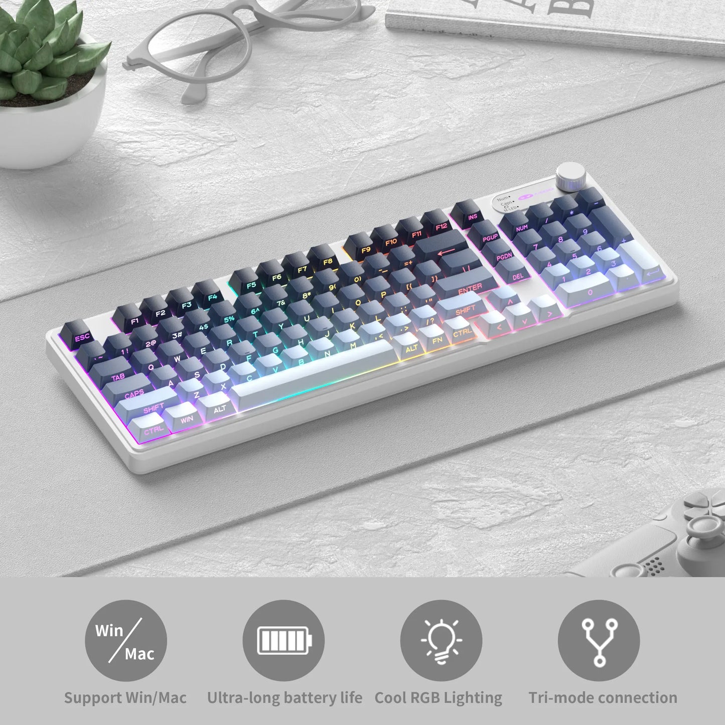Magegee gk960 teclado de membrana sem fio 2.4g bt 98 teclas abs lado gravado keycaps luzes rgb ajustáveis para jogos de escritório windows