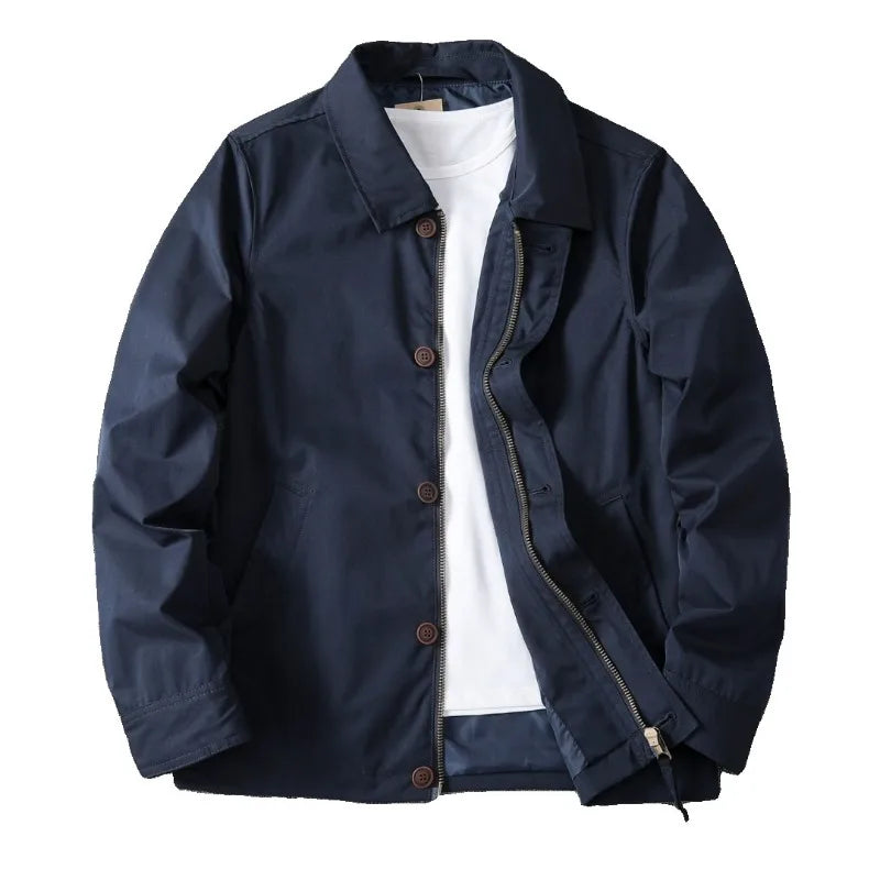 Casaco Masculino de Primavera e Outono com Gola Reversível, Cor Sólida, Jaqueta Curta Masculina com Zíper e Botões, Casual para Negócios