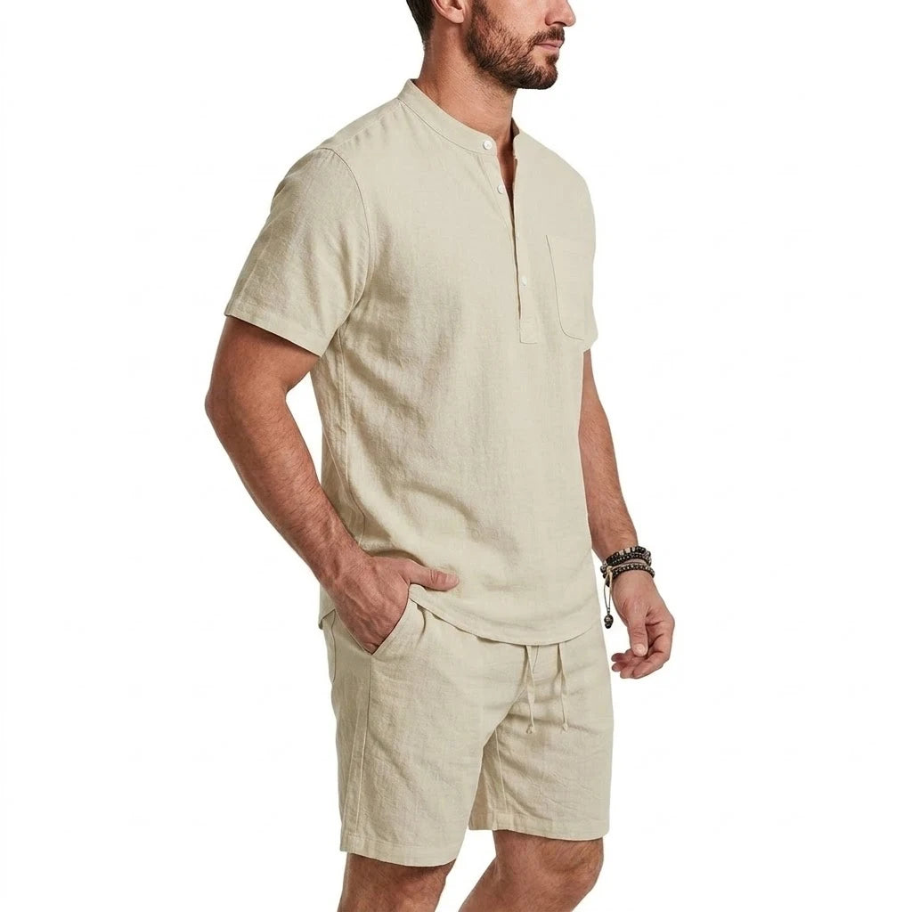 Conjunto de 2 Peças para Homens, Calças Casuais de Verão, Camisa Havaiana de Manga Curta em Cor Sólida, Roupas Masculinas para Academia