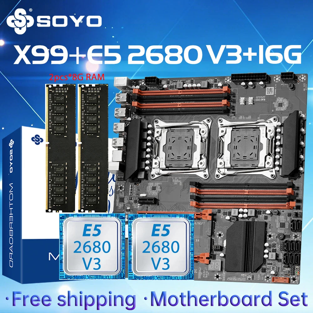 Kit de Placa-Mãe para Jogos SOYO X99 Dual CPU Intel Xeon E5 2680 V3*2 DDR4 16GB (2*8GB) LGA2011-3 M.2 Componentes para Computador Desktop