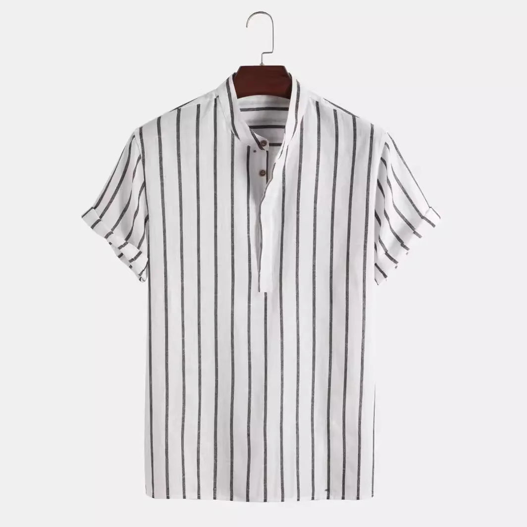 Moda masculina listrada camisa de manga curta casual camisas de linho topos masculino formal camisetas sociais gola alta camisas homem roupas
