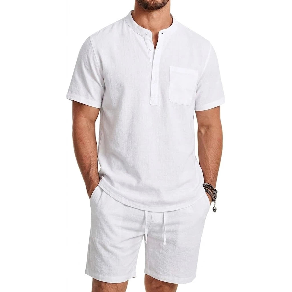 Conjunto de 2 Peças para Homens, Calças Casuais de Verão, Camisa Havaiana de Manga Curta em Cor Sólida, Roupas Masculinas para Academia