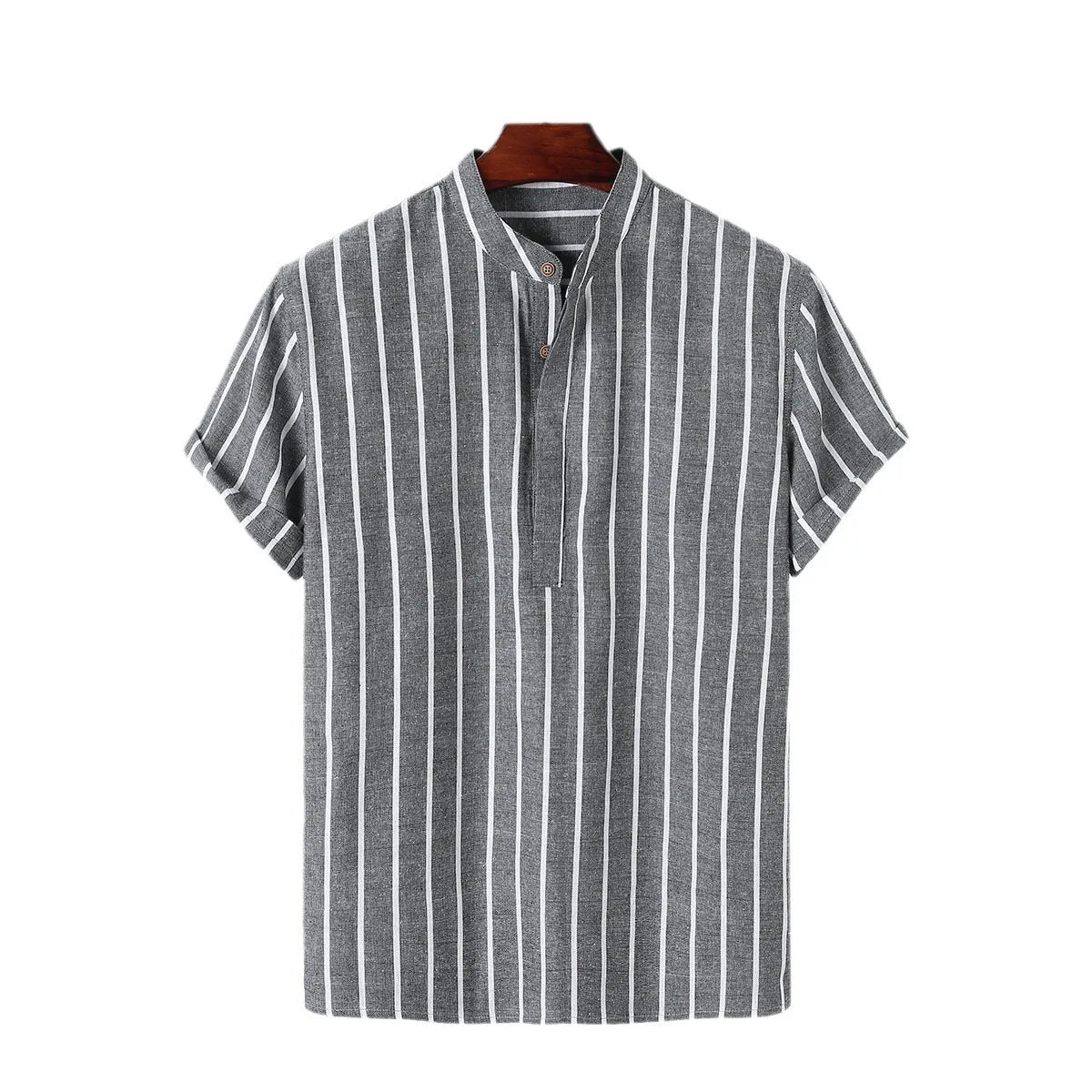 Moda masculina listrada camisa de manga curta casual camisas de linho topos masculino formal camisetas sociais gola alta camisas homem roupas