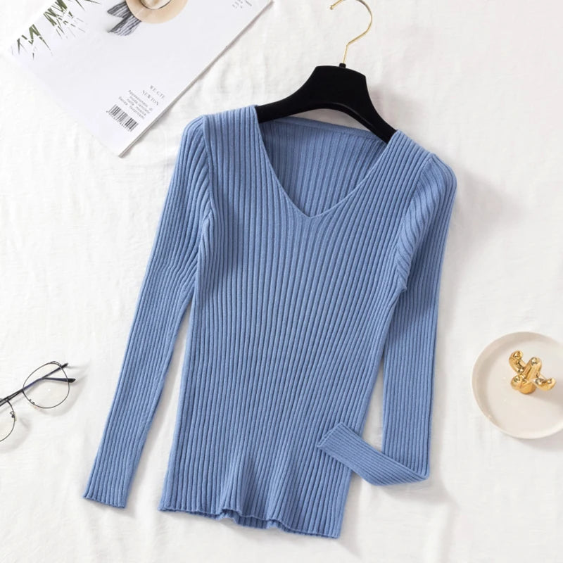 Outono inverno feminino suéteres casual manga longa de malha com decote em v pulôver camisola femme básico sólido camisa topos roupas de moda