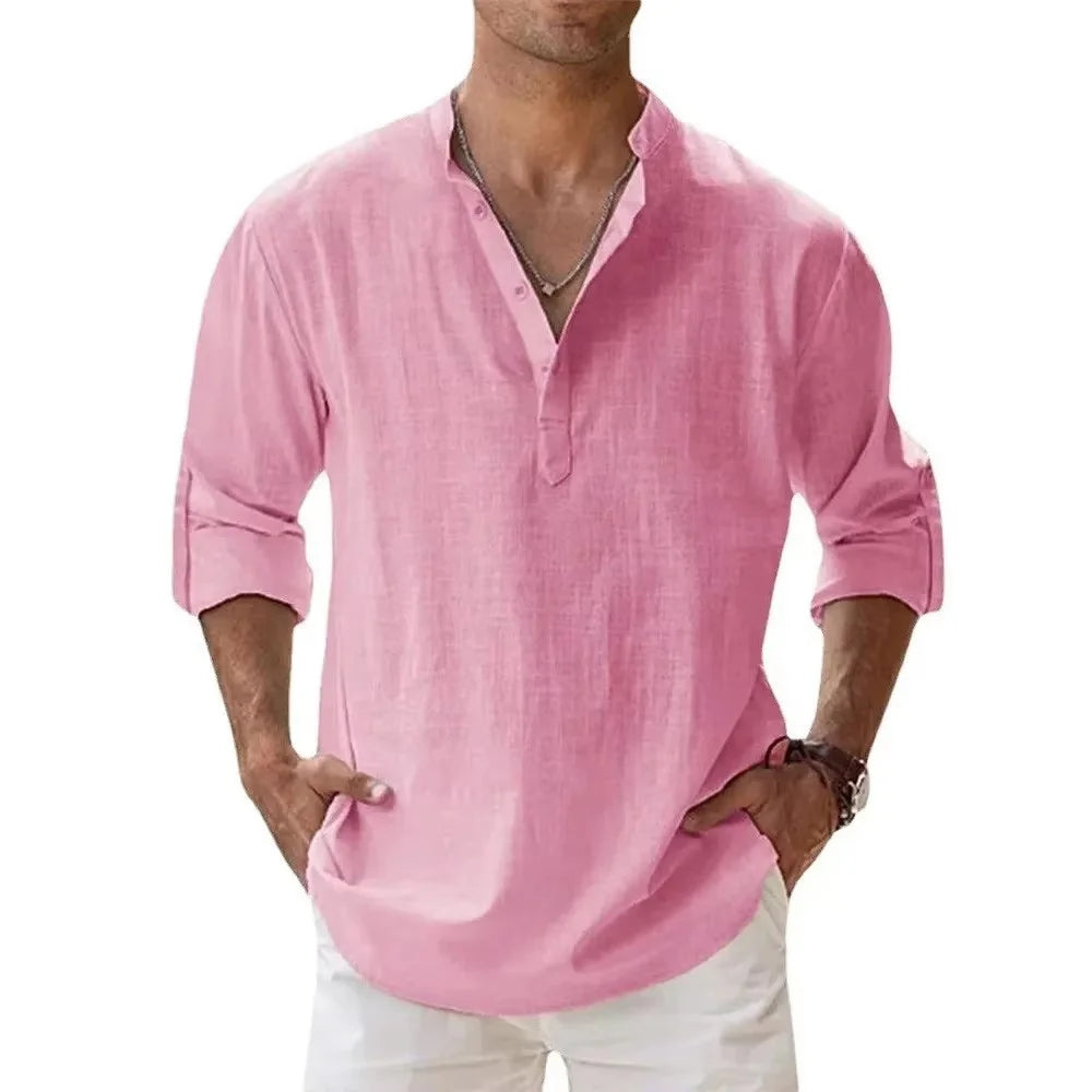 Novas camisas de linho de algodão para homens camisas casuais leve manga longa henley praia camisas havaianas t camisas para homem streetwear