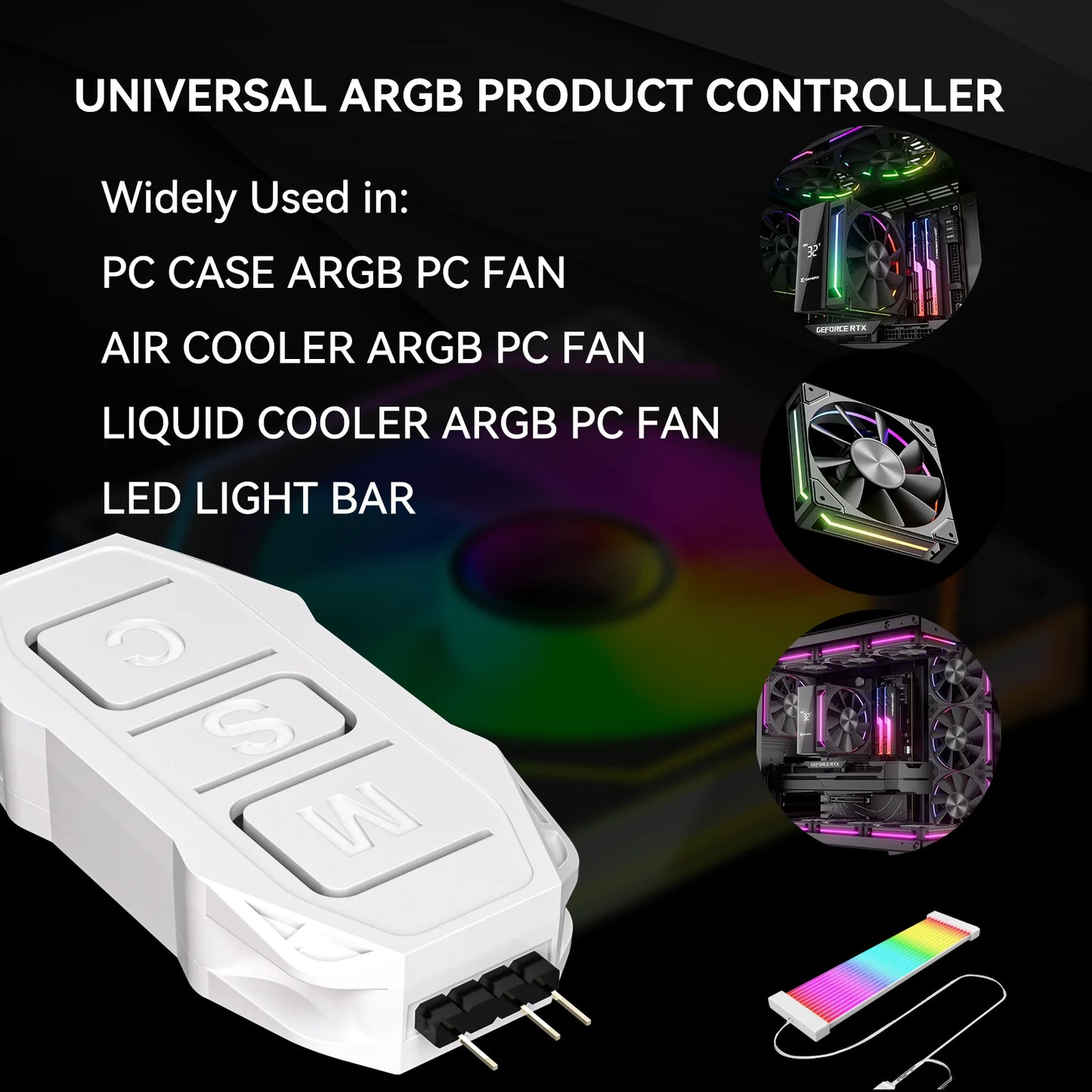 Controlador GSCOLER Suporta dispositivos DIY ARGB de 5V, interface de alimentação SATA, controle de luzes e velocidade em modo duplo.