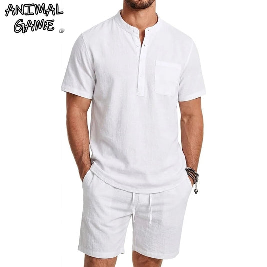 Conjunto de 2 Peças para Homens, Calças Casuais de Verão, Camisa Havaiana de Manga Curta em Cor Sólida, Roupas Masculinas para Academia