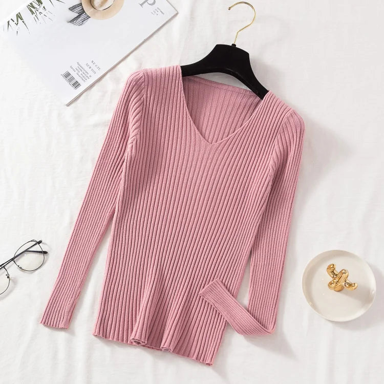 Outono inverno feminino suéteres casual manga longa de malha com decote em v pulôver camisola femme básico sólido camisa topos roupas de moda