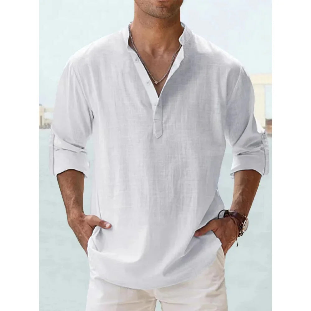 Novas camisas de linho de algodão para homens camisas casuais leve manga longa henley praia camisas havaianas t camisas para homem streetwear