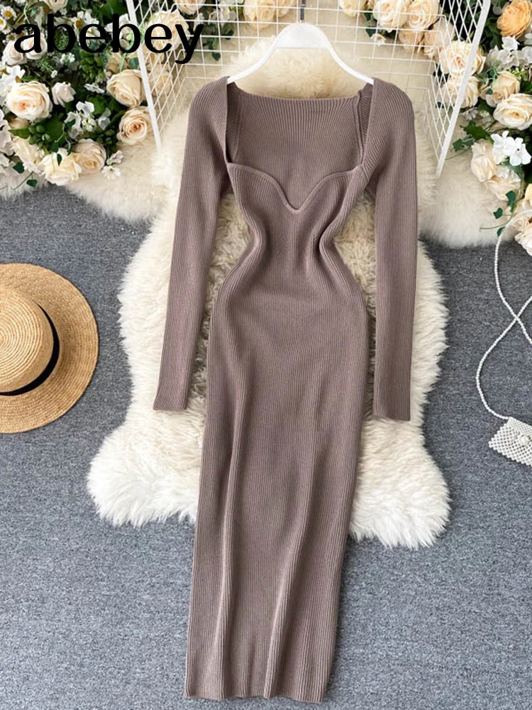 Vestidos para mulheres 2026 sexy sem alças com nervuras de malha bodycon vestido feminino inverno manga longa midi camisola vestido roupas