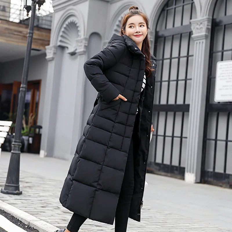 Parkas de pele com capuz acolchoado para mulheres, Engrossar casaco longo quente, jaqueta de inverno, roupas com capuz