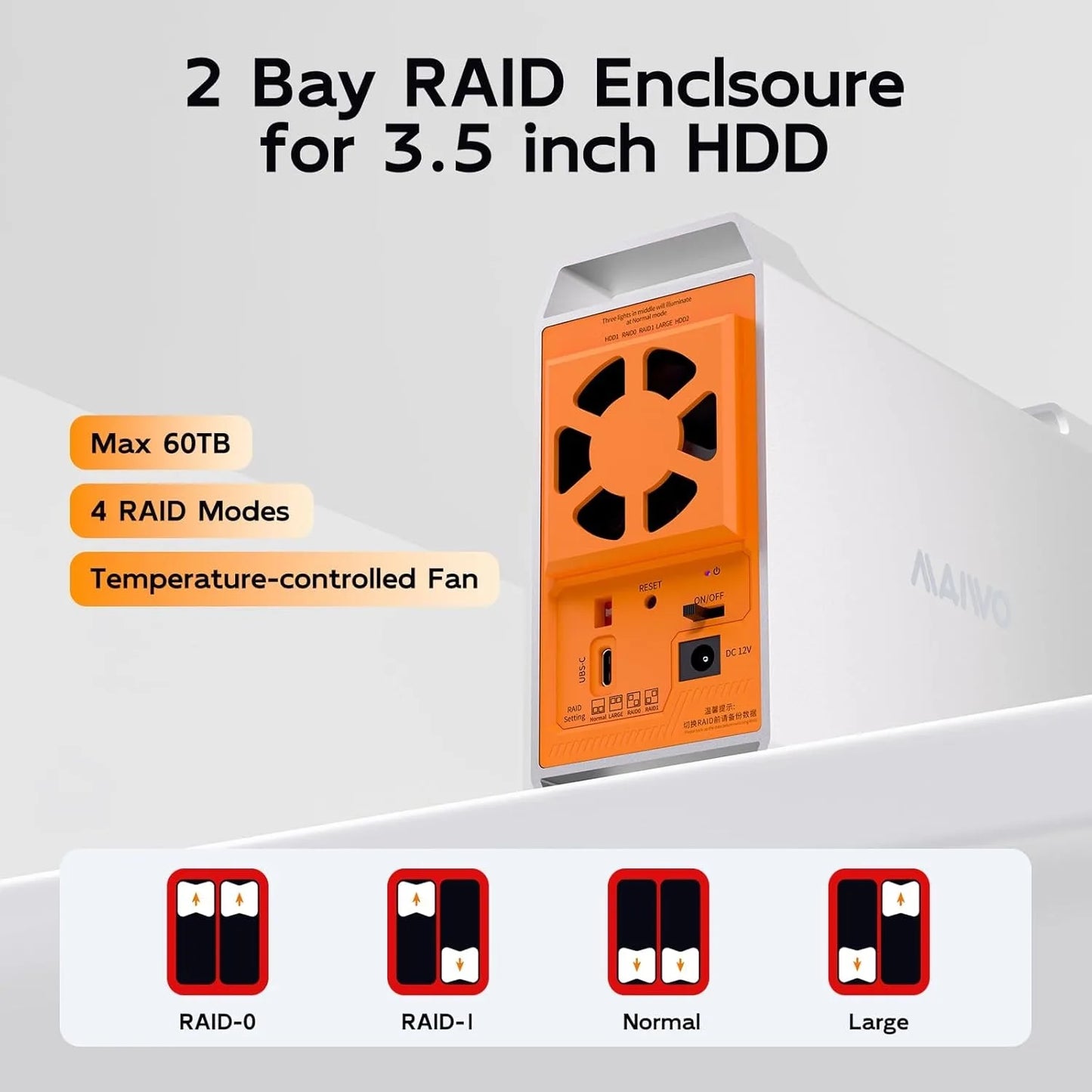 Gabinete MAIWO Dual Bay para HDD SATA de 3,5 polegadas com capacidade de 60TB, 4 modos RAID, controle de temperatura e dissipação de calor.