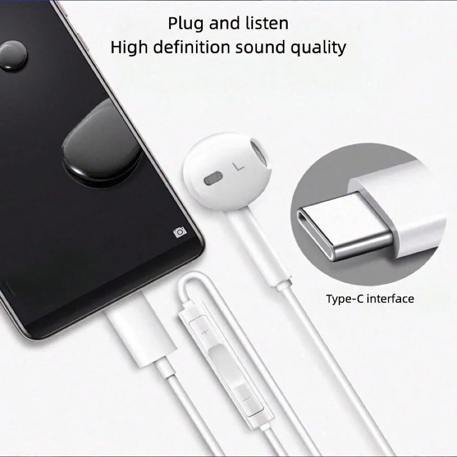 Fones de Ouvido Intra-auriculares com Fio Tipo-C com Microfone e Controle de Volume, HiFi Estéreo para iPhone 16/15, S23/S22/S21/Ultra, Note 10/20, iPad Pro