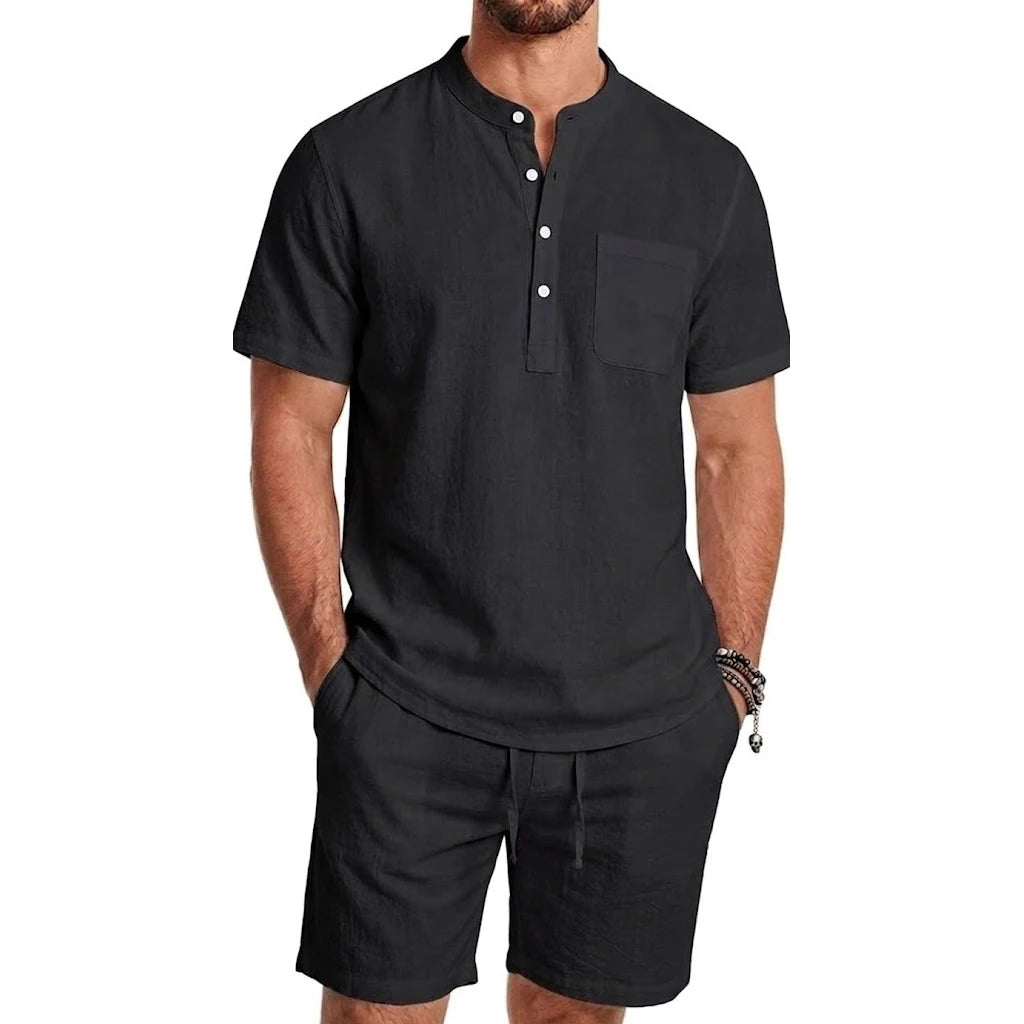 Conjunto de 2 Peças para Homens, Calças Casuais de Verão, Camisa Havaiana de Manga Curta em Cor Sólida, Roupas Masculinas para Academia