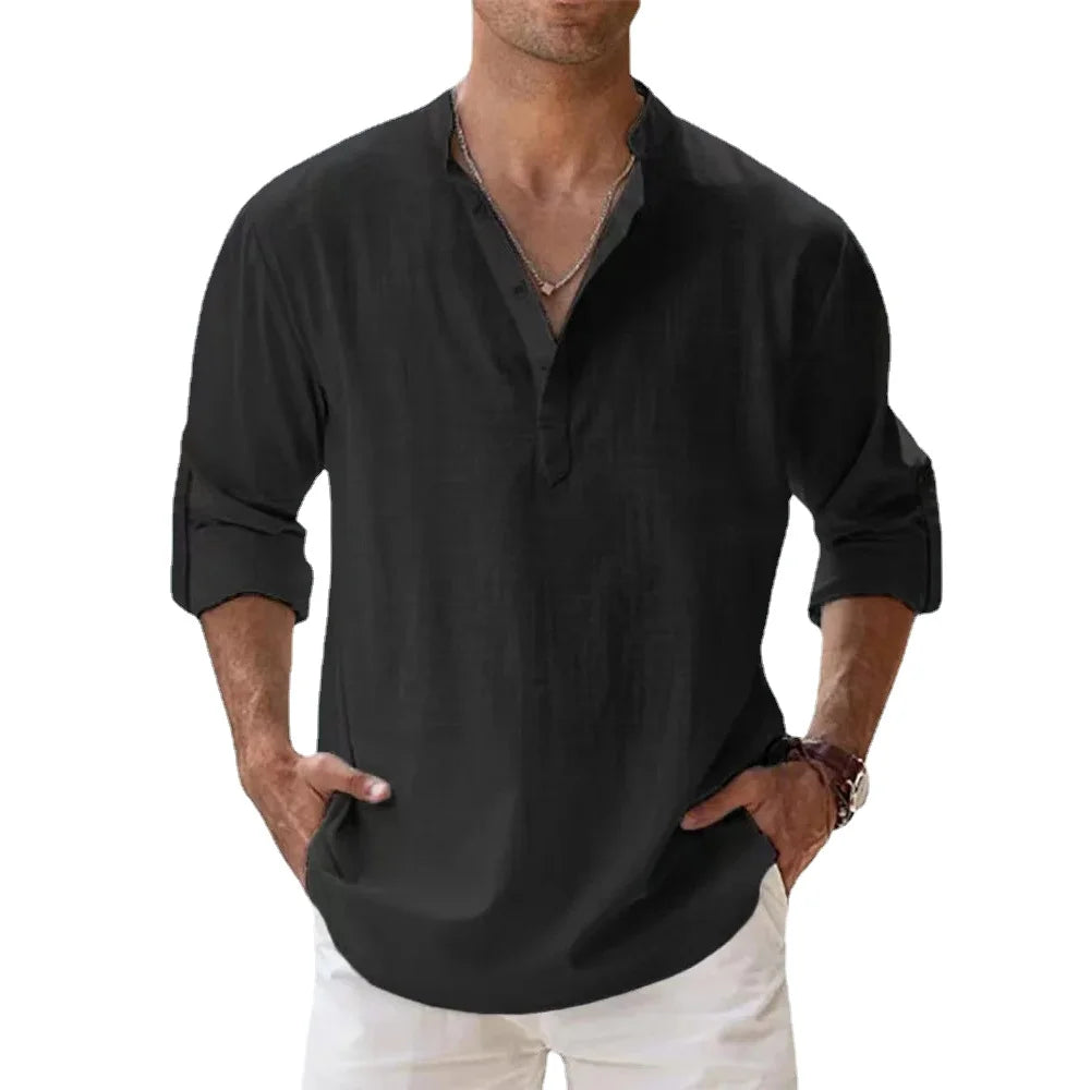 Novas camisas de linho de algodão para homens camisas casuais leve manga longa henley praia camisas havaianas t camisas para homem streetwear