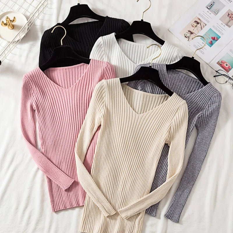 Outono inverno feminino suéteres casual manga longa de malha com decote em v pulôver camisola femme básico sólido camisa topos roupas de moda