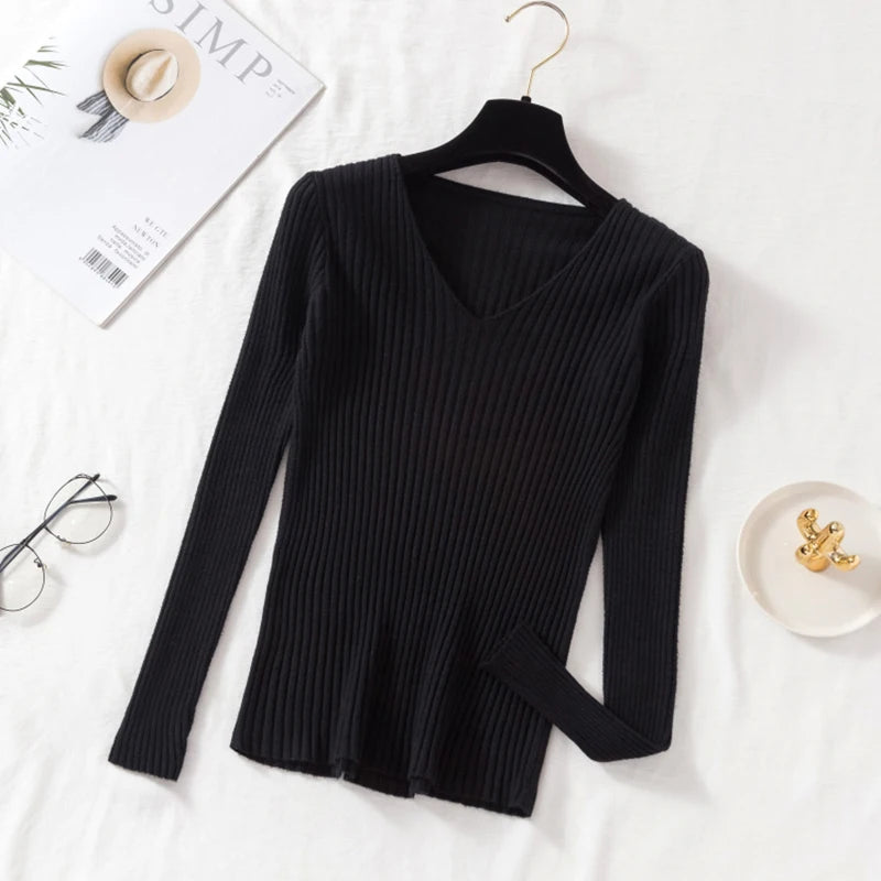 Outono inverno feminino suéteres casual manga longa de malha com decote em v pulôver camisola femme básico sólido camisa topos roupas de moda