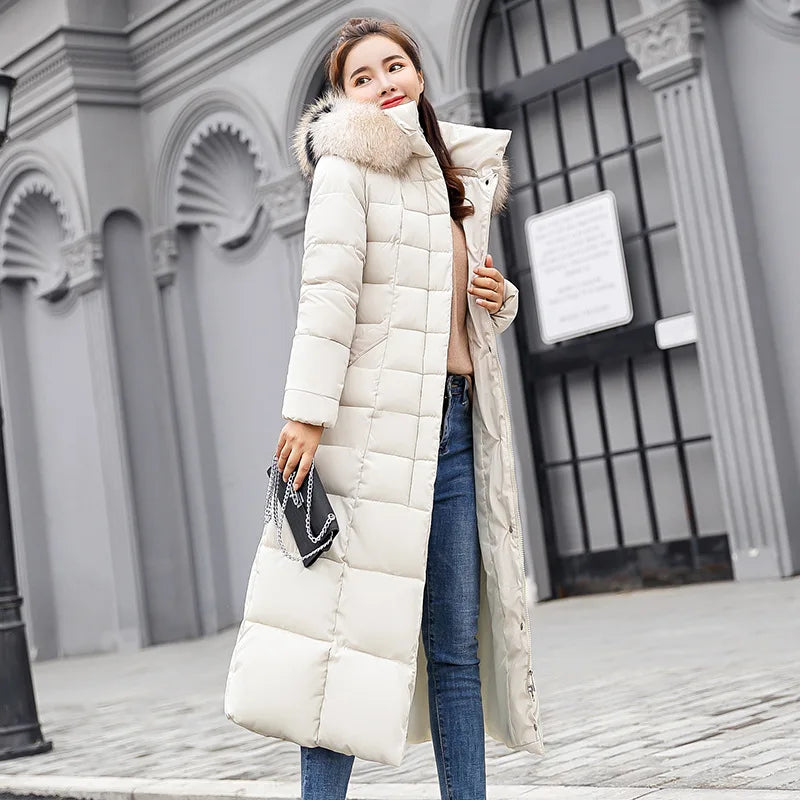 Parkas de pele com capuz acolchoado para mulheres, Engrossar casaco longo quente, jaqueta de inverno, roupas com capuz