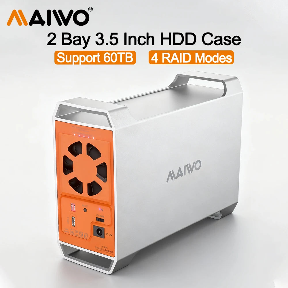 Gabinete MAIWO Dual Bay para HDD SATA de 3,5 polegadas com capacidade de 60TB, 4 modos RAID, controle de temperatura e dissipação de calor.