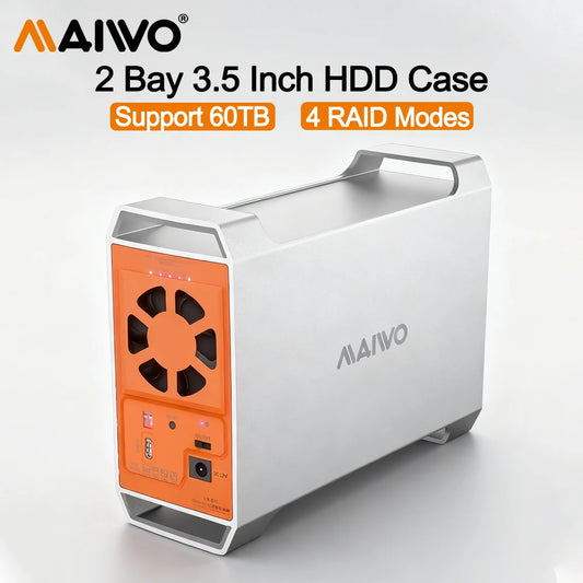 Gabinete MAIWO Dual Bay para HDD SATA de 3,5 polegadas com capacidade de 60TB, 4 modos RAID, controle de temperatura e dissipação de calor.