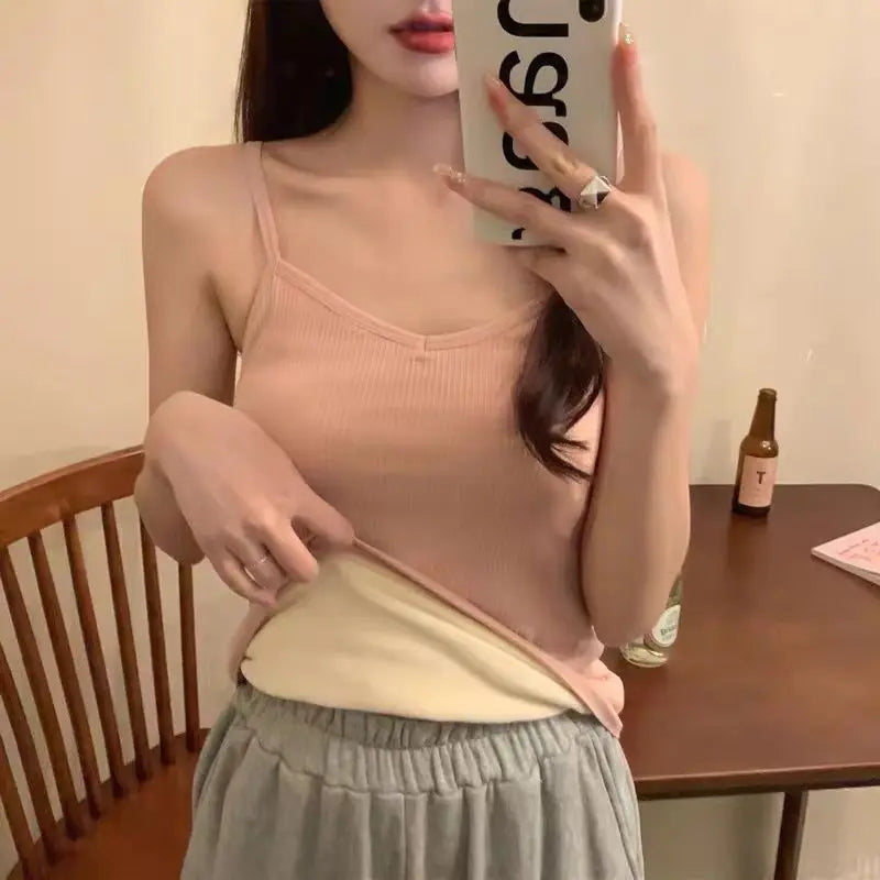 Mulheres inverno quente roupa interior cor sólida térmica casual pijamas sexy elasticidade feminina fina veludo camiseta sem mangas topos