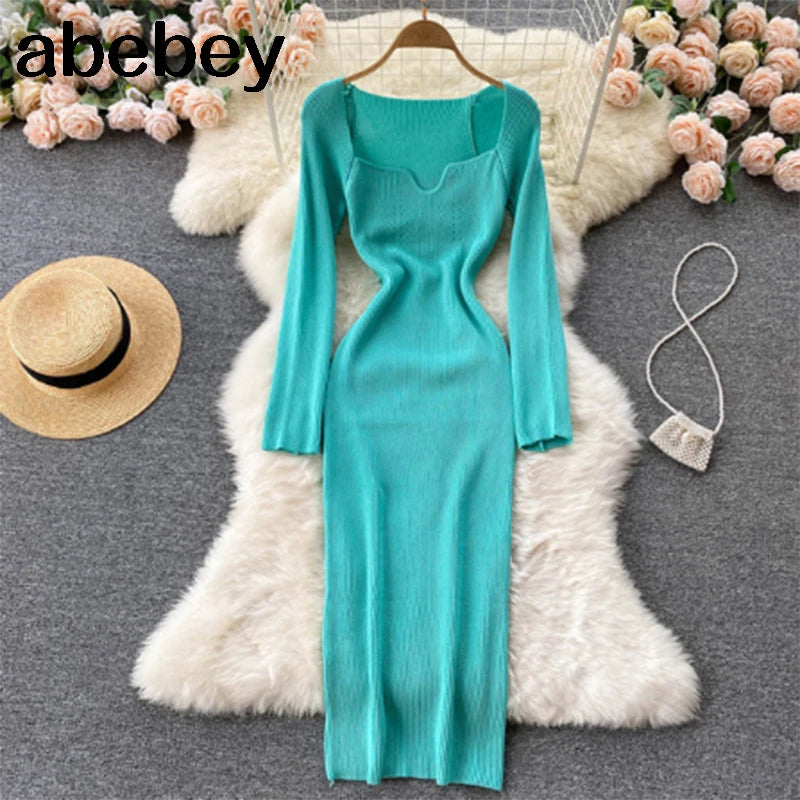 Vestidos para mulheres 2026 sexy sem alças com nervuras de malha bodycon vestido feminino inverno manga longa midi camisola vestido roupas