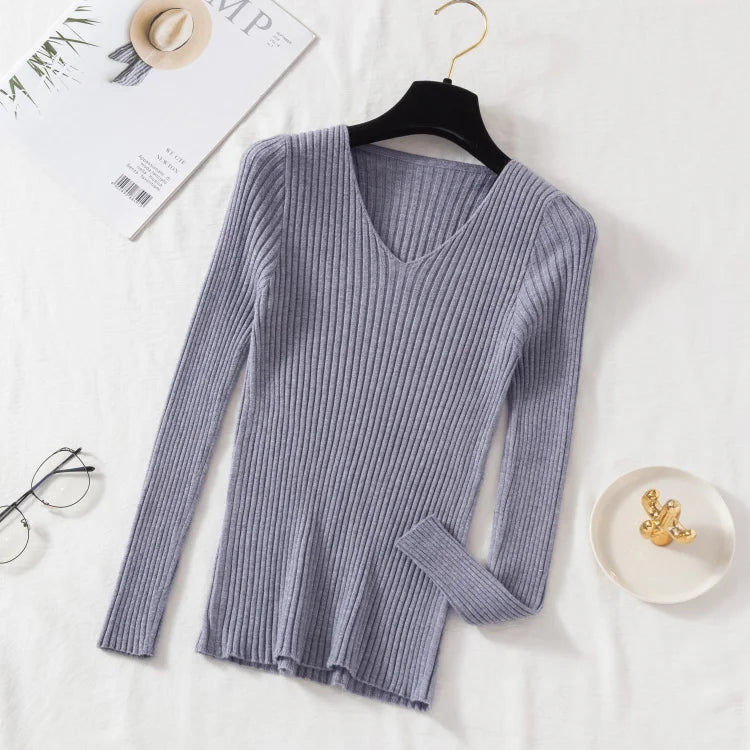 Outono inverno feminino suéteres casual manga longa de malha com decote em v pulôver camisola femme básico sólido camisa topos roupas de moda