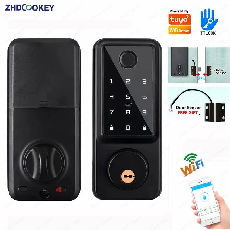 Tuya Wifi TTLock App Bloqueio Sensor de Porta de Impressão Digital Fechadura Eletronic Senha Digital Cartão IC Deadbolt Smart Door Lock Para Casa