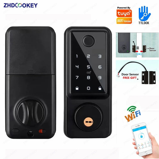 Tuya Wifi TTLock App Bloqueio Sensor de Porta de Impressão Digital Fechadura Eletronic Senha Digital Cartão IC Deadbolt Smart Door Lock Para Casa