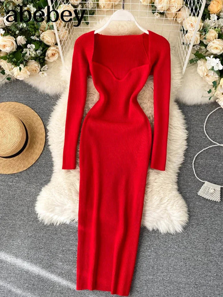 Vestidos para mulheres 2026 sexy sem alças com nervuras de malha bodycon vestido feminino inverno manga longa midi camisola vestido roupas