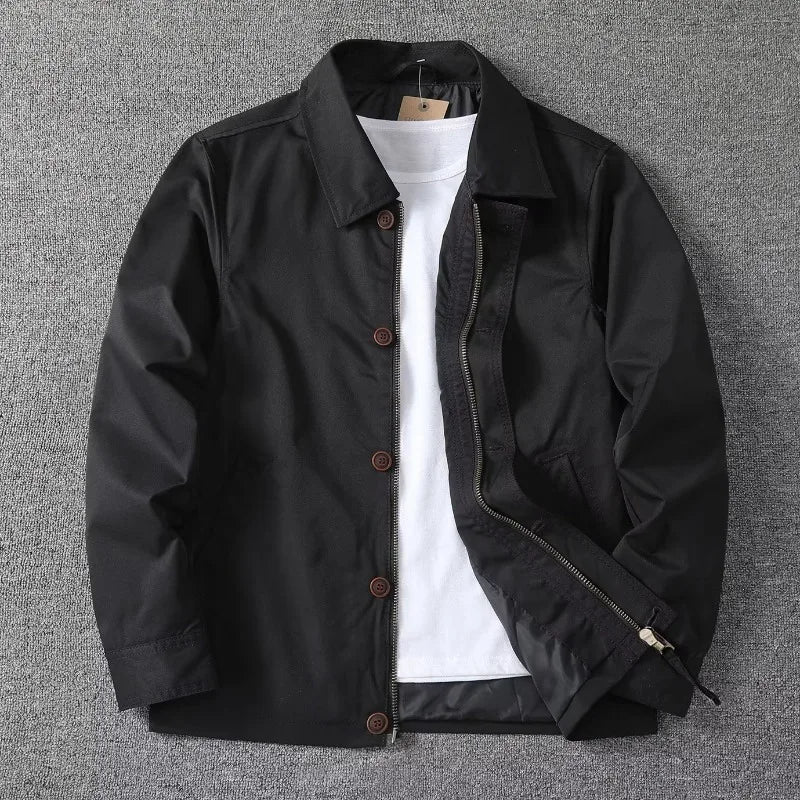 Casaco Masculino de Primavera e Outono com Gola Reversível, Cor Sólida, Jaqueta Curta Masculina com Zíper e Botões, Casual para Negócios