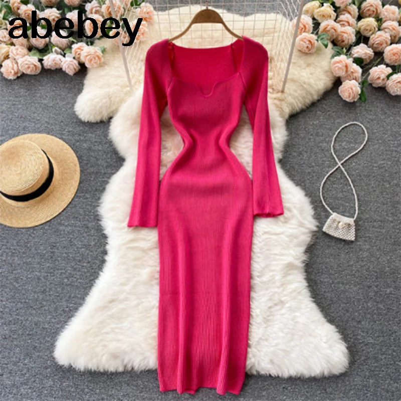 Vestidos para mulheres 2026 sexy sem alças com nervuras de malha bodycon vestido feminino inverno manga longa midi camisola vestido roupas