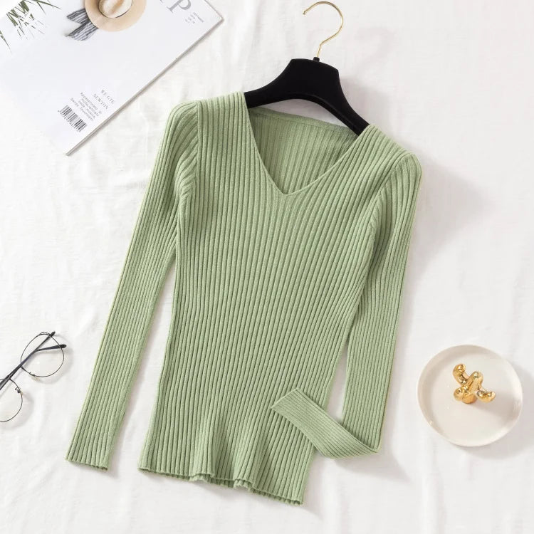 Outono inverno feminino suéteres casual manga longa de malha com decote em v pulôver camisola femme básico sólido camisa topos roupas de moda