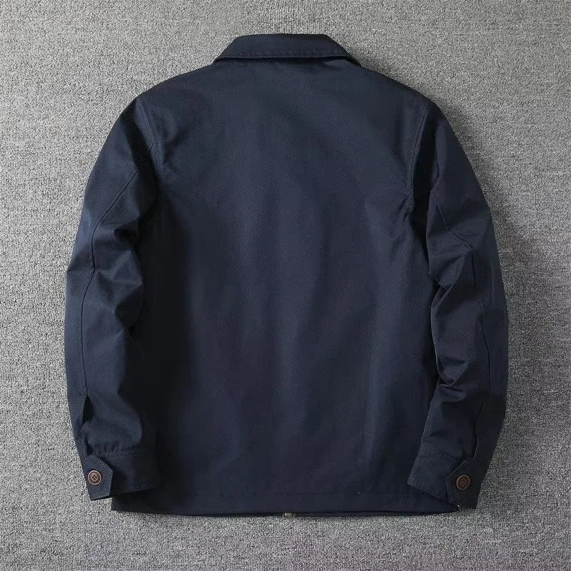 Casaco Masculino de Primavera e Outono com Gola Reversível, Cor Sólida, Jaqueta Curta Masculina com Zíper e Botões, Casual para Negócios