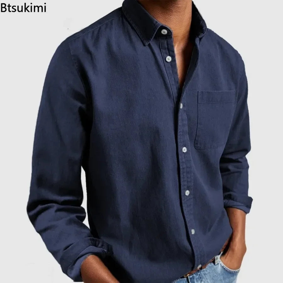 2026 moda masculina roupas de algodão respirável manga comprida solta camisa casual masculina simples lapela topos vintage all-match homem blusa