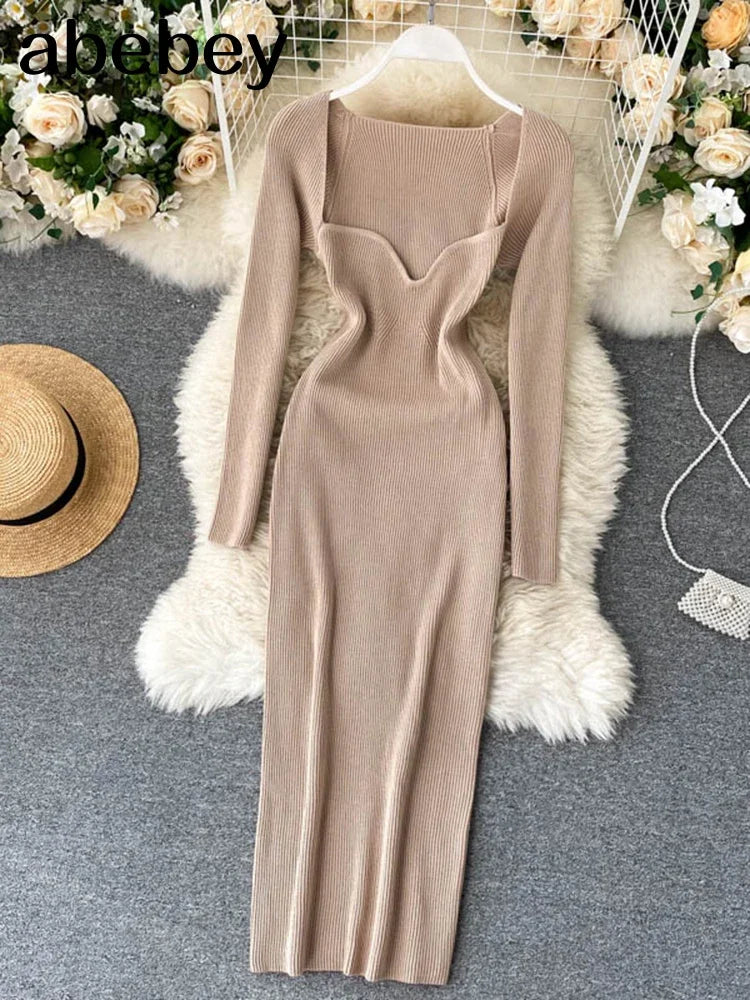 Vestidos para mulheres 2026 sexy sem alças com nervuras de malha bodycon vestido feminino inverno manga longa midi camisola vestido roupas
