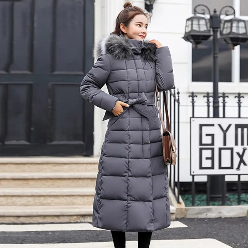Parkas de pele com capuz acolchoado para mulheres, Engrossar casaco longo quente, jaqueta de inverno, roupas com capuz