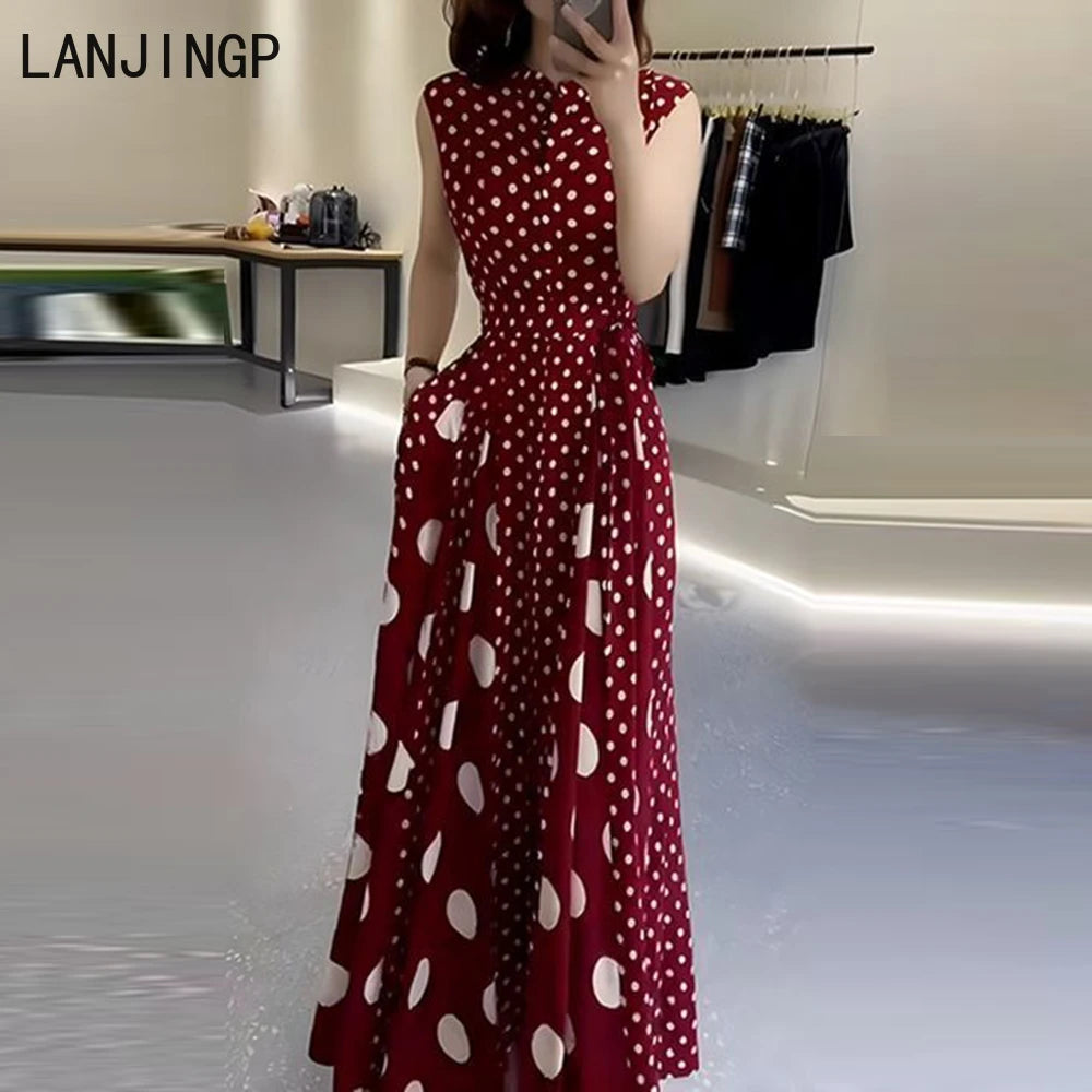 Roupas femininas 2025 verão high-end café break configurações formais francesas vestido de bolinhas vermelhas feminino