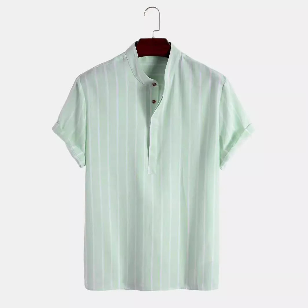 Moda masculina listrada camisa de manga curta casual camisas de linho topos masculino formal camisetas sociais gola alta camisas homem roupas