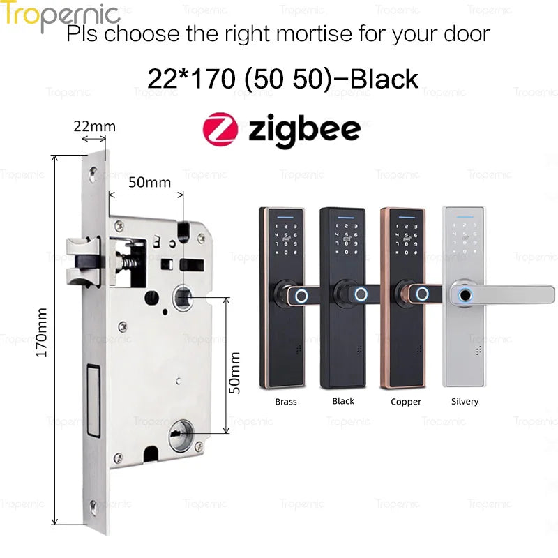 Tuya ZigBee Smart Door Lock, APP Controle Remoto, Eletrônico Biométrico Fingerprint Desbloqueio, Digital Inteligente Elétrica Senha Bloqueio