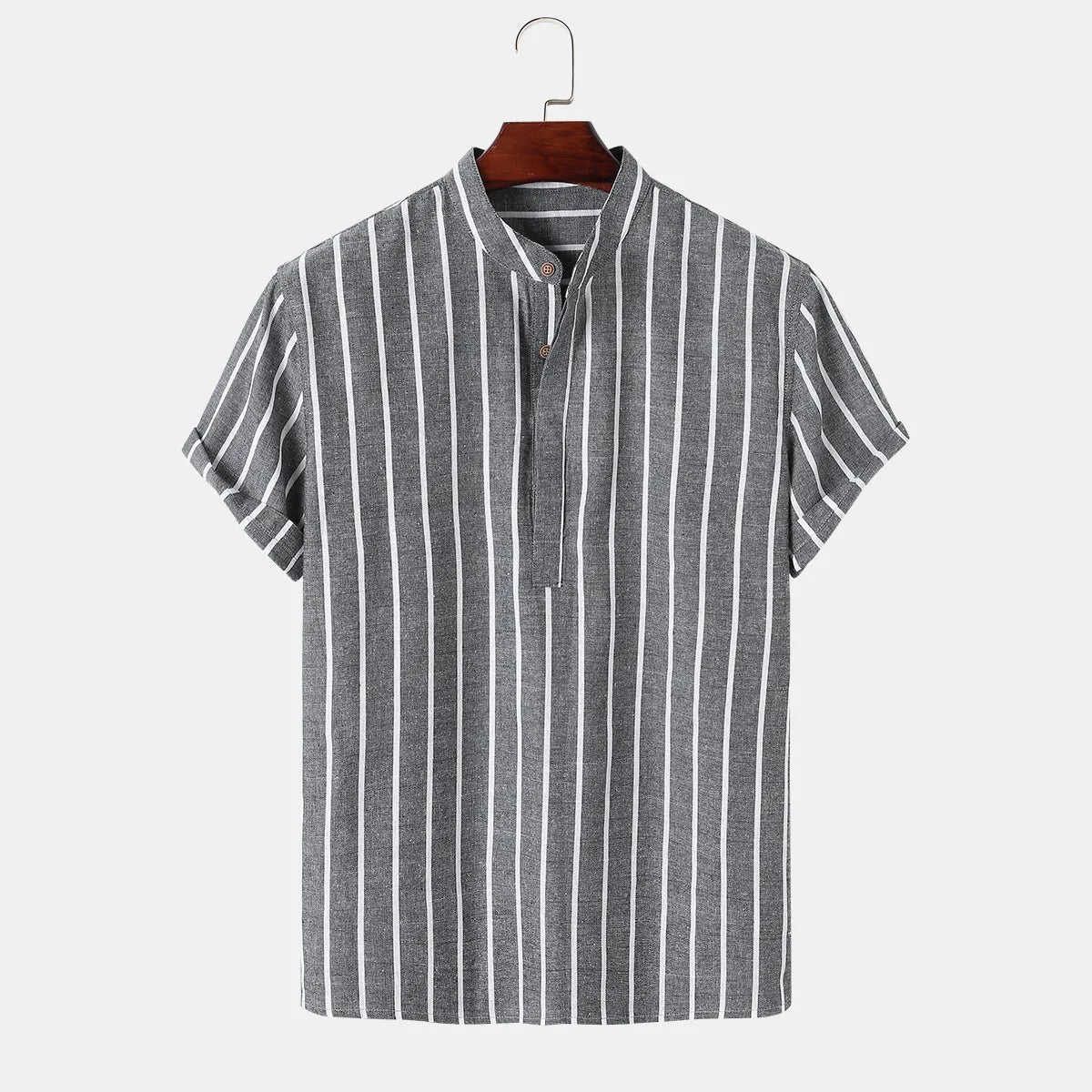 Moda masculina listrada camisa de manga curta casual camisas de linho topos masculino formal camisetas sociais gola alta camisas homem roupas