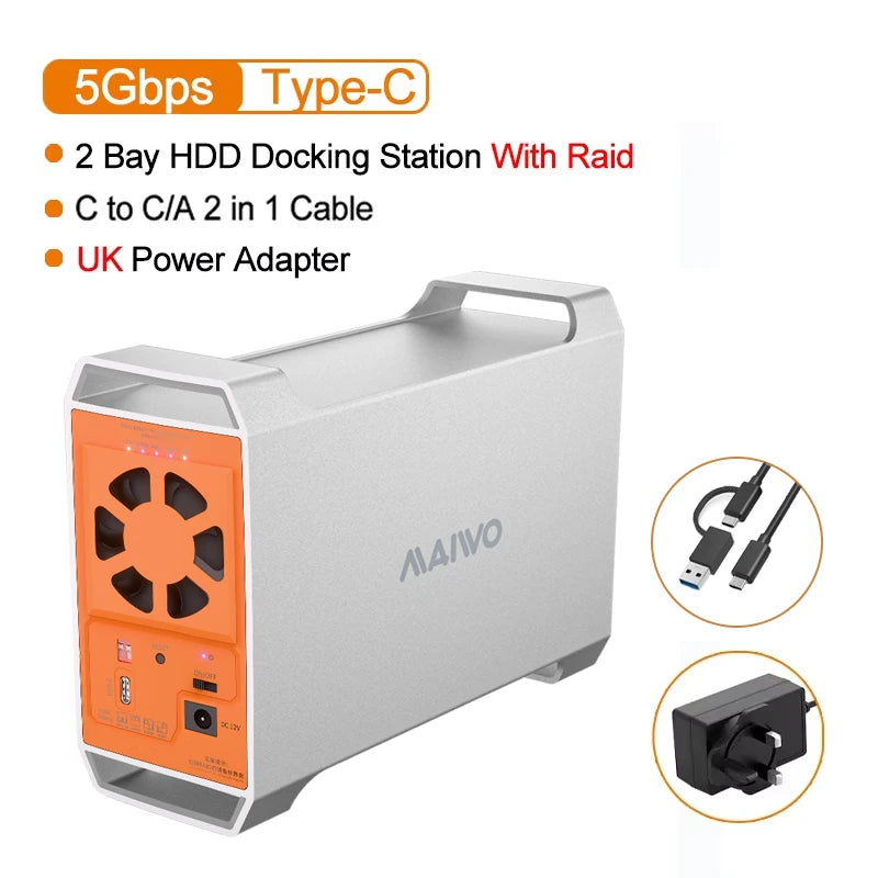 Gabinete MAIWO Dual Bay para HDD SATA de 3,5 polegadas com capacidade de 60TB, 4 modos RAID, controle de temperatura e dissipação de calor.