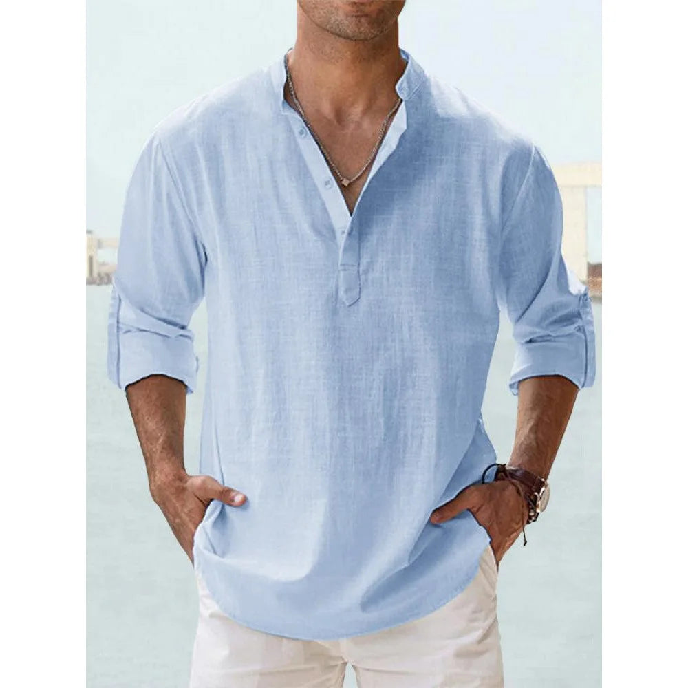 Novas camisas de linho de algodão para homens camisas casuais leve manga longa henley praia camisas havaianas t camisas para homem streetwear