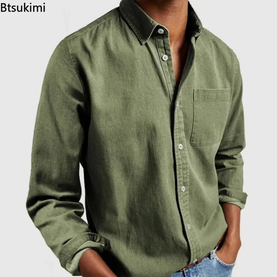 2026 moda masculina roupas de algodão respirável manga comprida solta camisa casual masculina simples lapela topos vintage all-match homem blusa