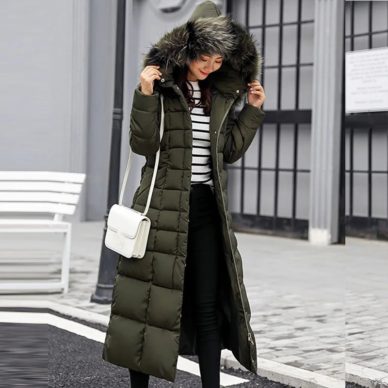 Parkas de pele com capuz acolchoado para mulheres, Engrossar casaco longo quente, jaqueta de inverno, roupas com capuz