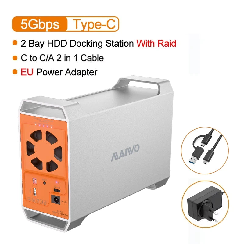 Gabinete MAIWO Dual Bay para HDD SATA de 3,5 polegadas com capacidade de 60TB, 4 modos RAID, controle de temperatura e dissipação de calor.