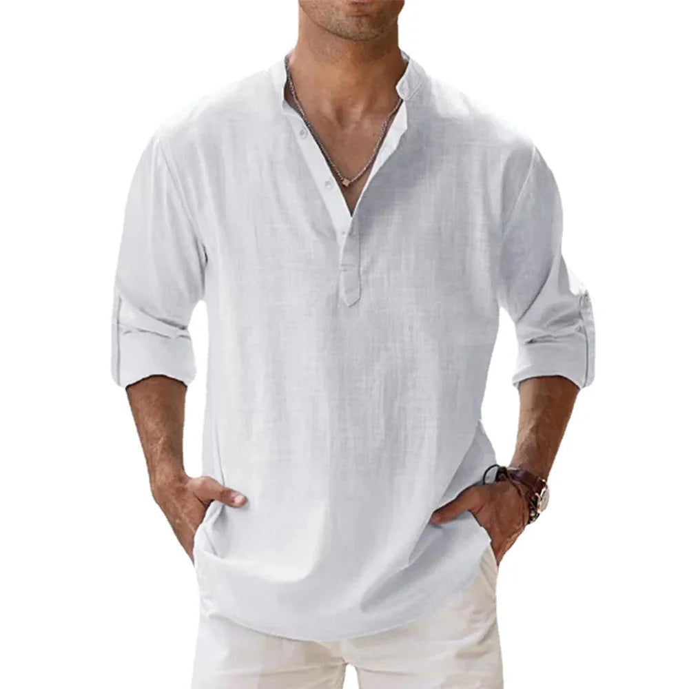 Novas camisas de linho de algodão para homens camisas casuais leve manga longa henley praia camisas havaianas t camisas para homem streetwear
