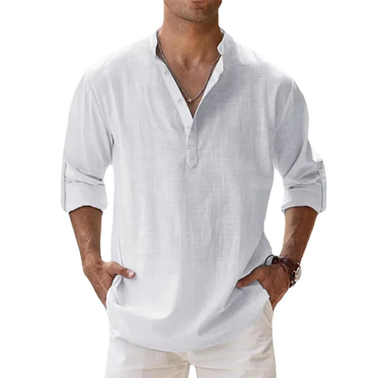 Novas camisas de linho de algodão para homens camisas casuais leve manga longa henley praia camisas havaianas t camisas para homem streetwear