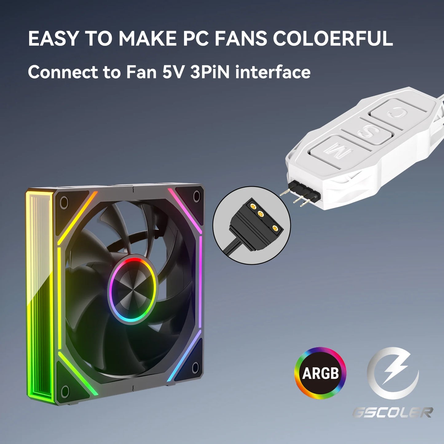 Controlador GSCOLER Suporta dispositivos DIY ARGB de 5V, interface de alimentação SATA, controle de luzes e velocidade em modo duplo.