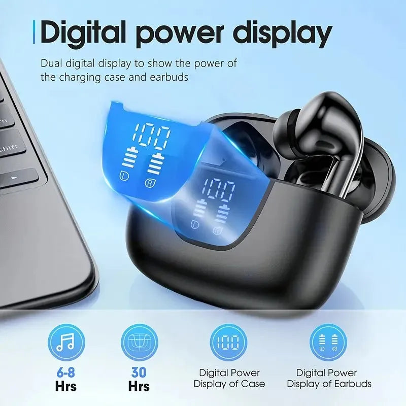 Fones de ouvido sem fio TWS, redução de ruído estéreo de graves pesados para chamadas, bateria de longa duração, modo de jogo de baixa latência